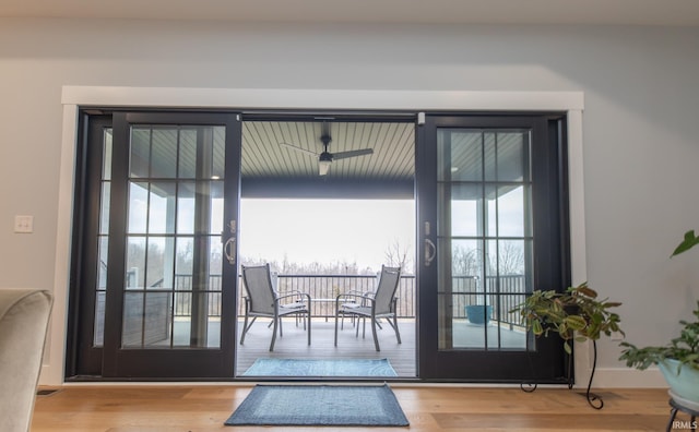 735 E Holland Dr, Bloomington, IN 47401 - doorway featuring wood finished floors, ceiling fan, and french doors