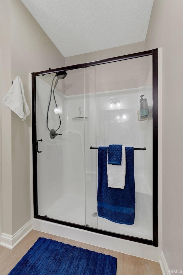 201 Thoroughbred Ln, Auburn, IN 46706 - bathroom with wood finished floors, a stall shower, and baseboards