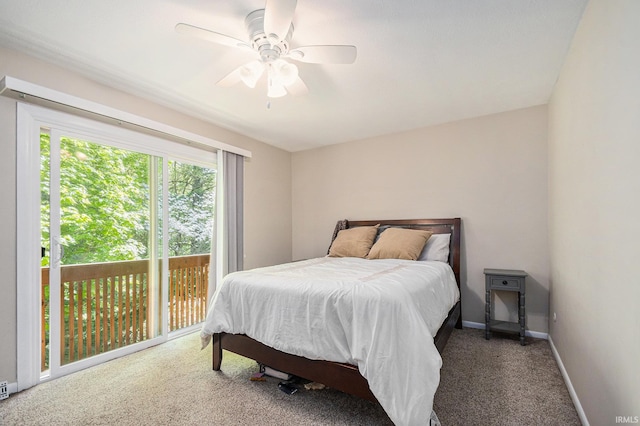 carpeted bedroom with baseboards and a ceiling fan