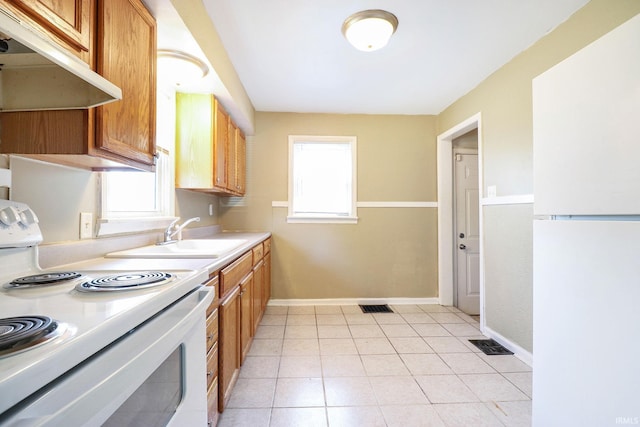 1714 S Warren St, South Bend, IN 46613 - kitchen featuring white appliances, under cabinet range hood, a sink, light countertops, and baseboards