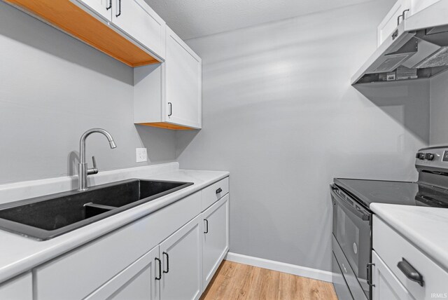 2937 Westbrook Dr Unit A-314, Fort Wayne, IN 46805 - kitchen featuring stainless steel electric stove, a sink, under cabinet range hood, light wood-type flooring, and light countertops