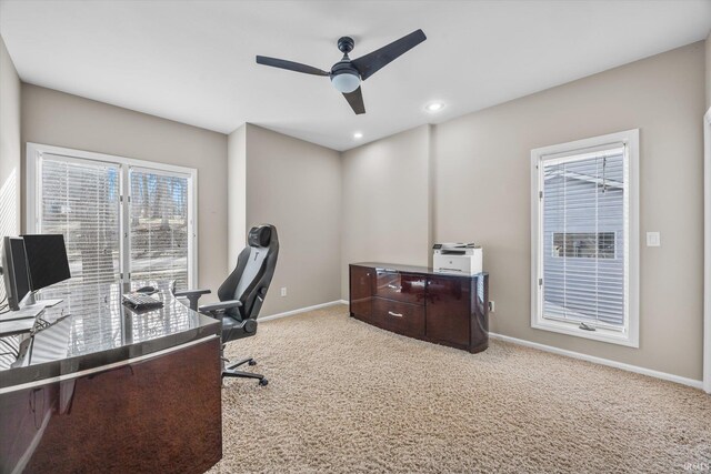 2344 E Linden Hill Dr, Bloomington, IN 47401 - home office with carpet, a ceiling fan, baseboards, and recessed lighting