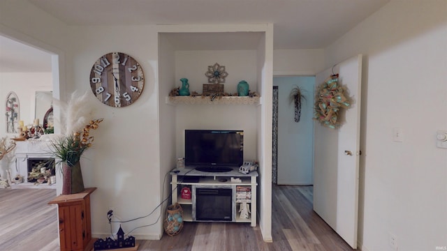 living room with wood finished floors and baseboards