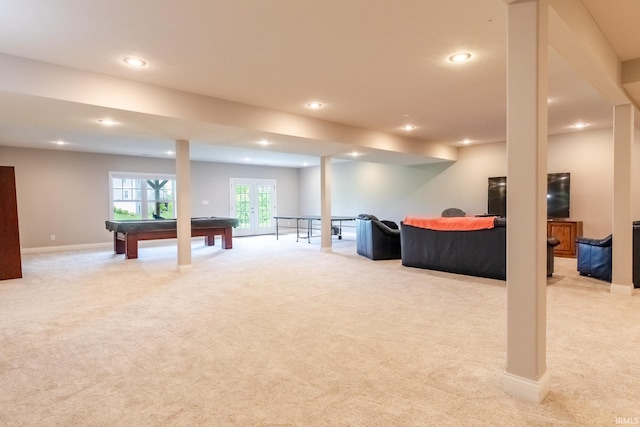 rec room with light colored carpet, recessed lighting, pool table, and baseboards