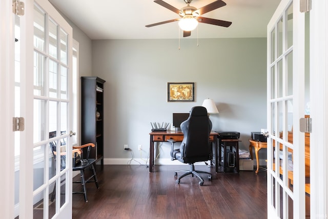 office space with french doors, a ceiling fan, wood finished floors, and baseboards