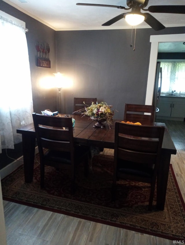 dining space with wood finished floors and ceiling fan