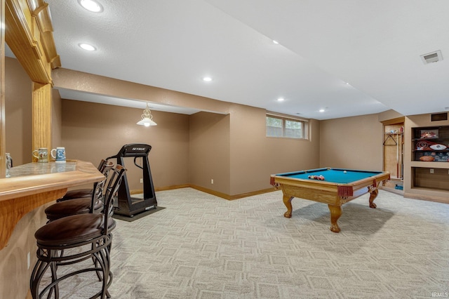 2102 Hunters Ct, Auburn, IN 46706 - rec room with light carpet, pool table, baseboards, and recessed lighting