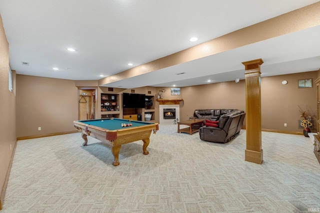 2102 Hunters Ct, Auburn, IN 46706 - playroom featuring a glass covered fireplace, carpet flooring, recessed lighting, baseboards, and billiards table