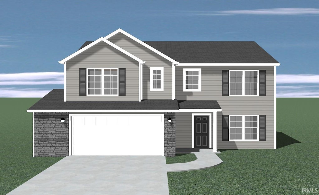 view of front of home featuring concrete driveway, an attached garage, a front lawn, and roof with shingles