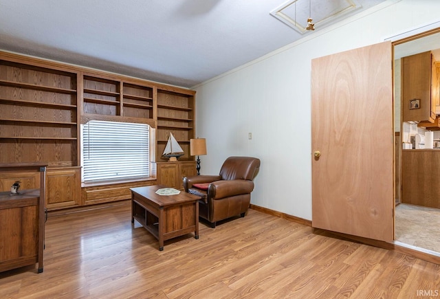 3721 W Maybury Mall, Bloomington, IN 47403 - living area featuring light wood-type flooring, crown molding, attic access, and baseboards