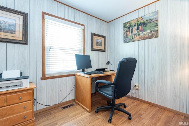 3721 W Maybury Mall, Bloomington, IN 47403 - office area with ornamental molding, light wood finished floors, healthy amount of natural light, baseboards, and wood walls