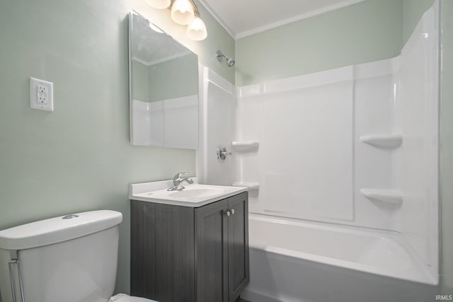 full bathroom with vanity, toilet, crown molding, and shower / bathtub combination