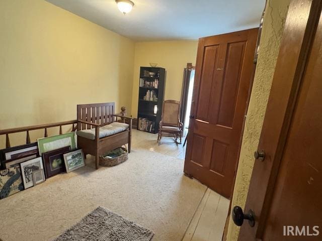 bedroom featuring light colored carpet