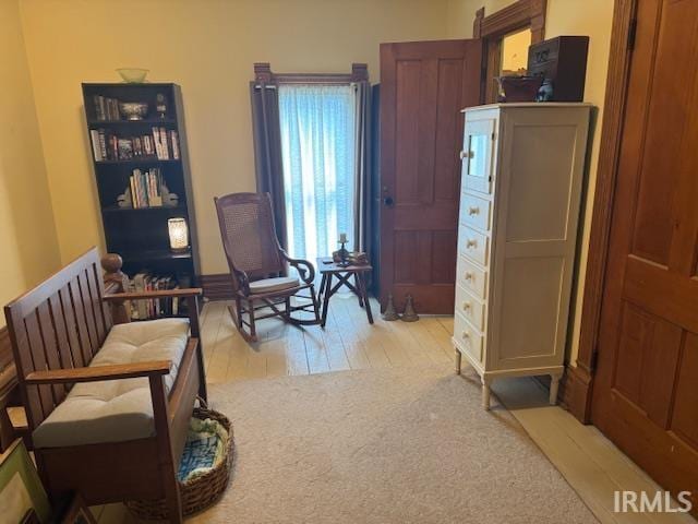 living area featuring light wood-style flooring and light colored carpet