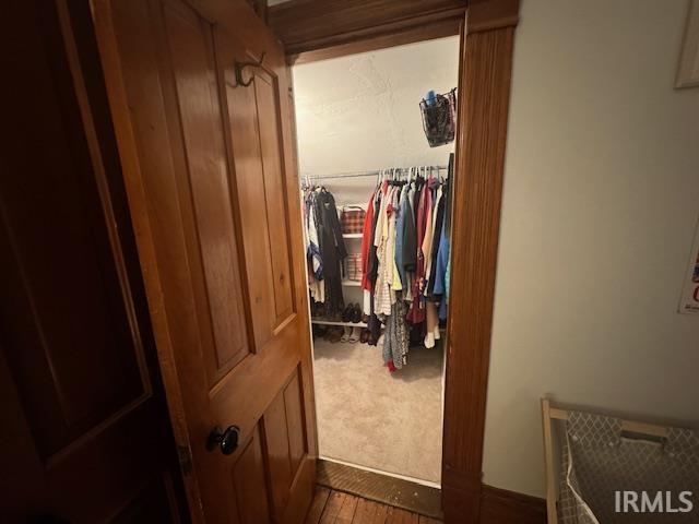 walk in closet with dark carpet