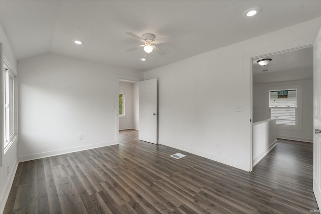 empty room featuring ceiling fan, dark wood finished floors, baseboards, and recessed lighting