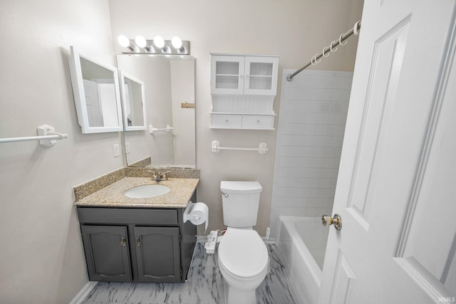 50880 Cherry Farm Trl, Granger, IN 46530 - full bathroom featuring toilet, vanity, marble finish floors, shower / tub combination, and baseboards