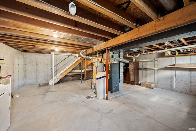 50880 Cherry Farm Trl, Granger, IN 46530 - unfinished basement with gas water heater, stairway, and heating unit