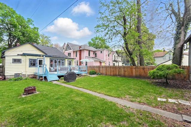 1021 W Wayne St, Fort Wayne, IN 46802 - view of yard with an outdoor fire pit, a wooden deck, and cooling unit