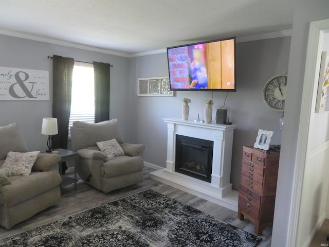 1243 Bellgrade Ave, Loogootee, IN 47553 - living area with wood finished floors, crown molding, a glass covered fireplace, and baseboards