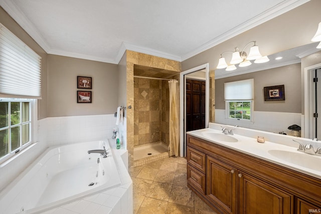 full bathroom with a whirlpool tub, crown molding, a stall shower, double vanity, and tile patterned flooring