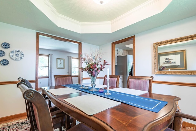dining area featuring baseboards and a tray ceiling