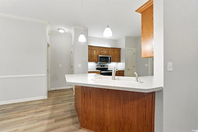 12908 Chaplin Ct, Fort Wayne, IN 46845 - kitchen featuring appliances with stainless steel finishes, a sink, light countertops, light wood-style flooring, and a peninsula