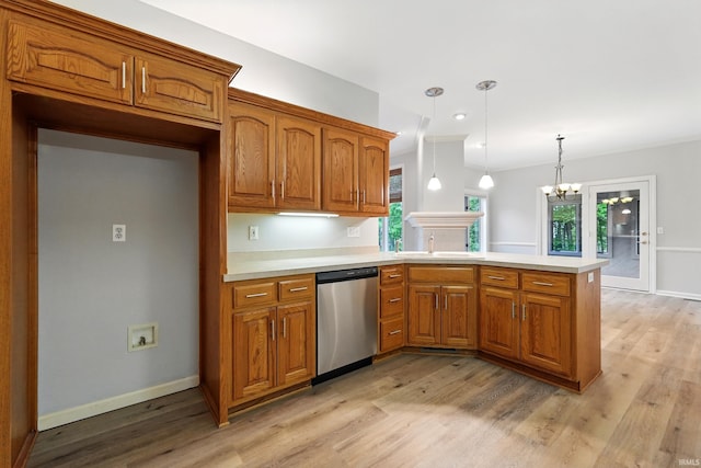 12908 Chaplin Ct, Fort Wayne, IN 46845 - kitchen featuring dishwasher, brown cabinets, a peninsula, light countertops, and recessed lighting