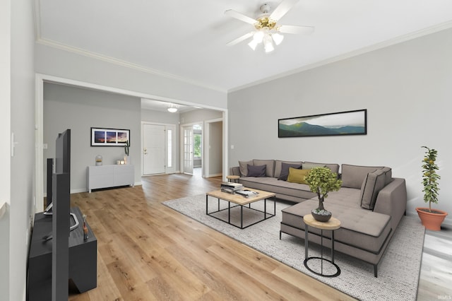 12908 Chaplin Ct, Fort Wayne, IN 46845 - living area featuring crown molding, light wood finished floors, a ceiling fan, and baseboards