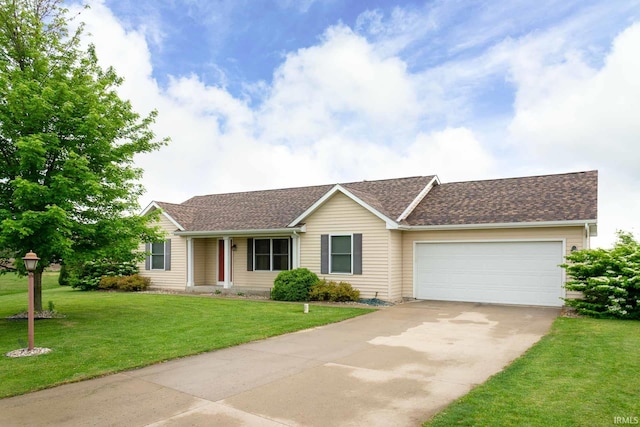 ranch-style house with an attached garage, a front yard, concrete driveway, and a shingled roof