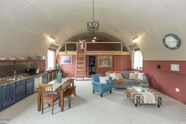 59000 Crumstown Hwy, North Liberty, IN 46554 - living room with light carpet, vaulted ceiling, and a ceiling fan