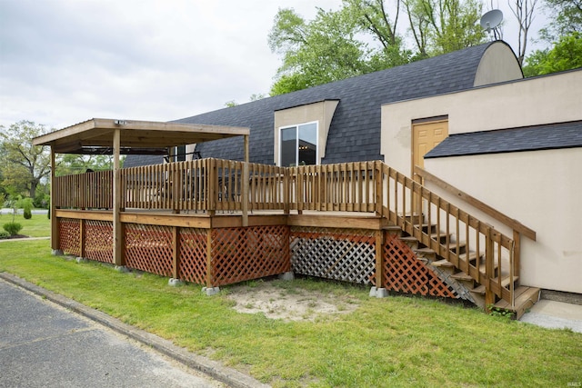 59000 Crumstown Hwy, North Liberty, IN 46554 - rear view of property featuring roof with shingles, a yard, a deck, and stairs