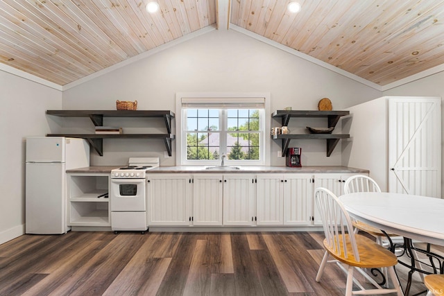 14612 Liberty Mills Rd, Fort Wayne, IN 46814 - kitchen with open shelves, white appliances, a sink, recessed lighting, and lofted ceiling