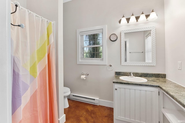 14612 Liberty Mills Rd, Fort Wayne, IN 46814 - full bathroom featuring baseboard heating, baseboards, toilet, vanity, and curtained shower