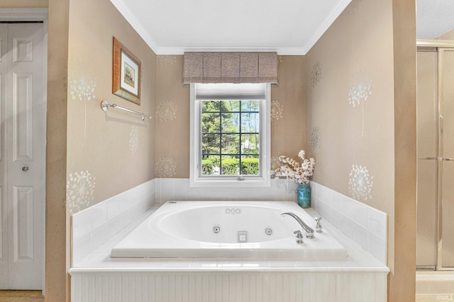 14612 Liberty Mills Rd, Fort Wayne, IN 46814 - full bathroom with a jetted tub, a shower stall, and crown molding