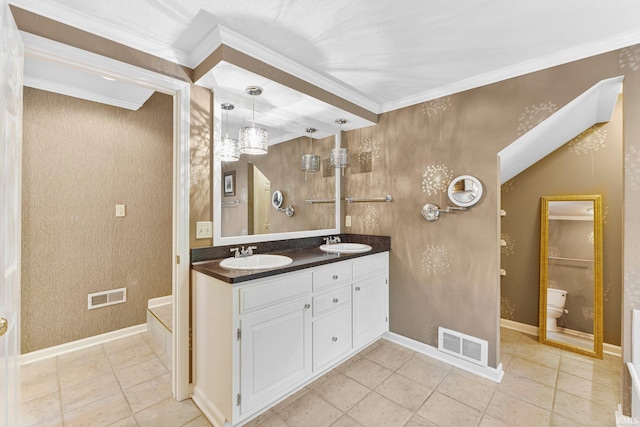 14612 Liberty Mills Rd, Fort Wayne, IN 46814 - bathroom featuring ornamental molding, double vanity, baseboards, and tile patterned flooring