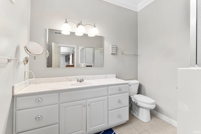 14612 Liberty Mills Rd, Fort Wayne, IN 46814 - bathroom with ornamental molding, toilet, vanity, tile patterned floors, and a shower with shower door