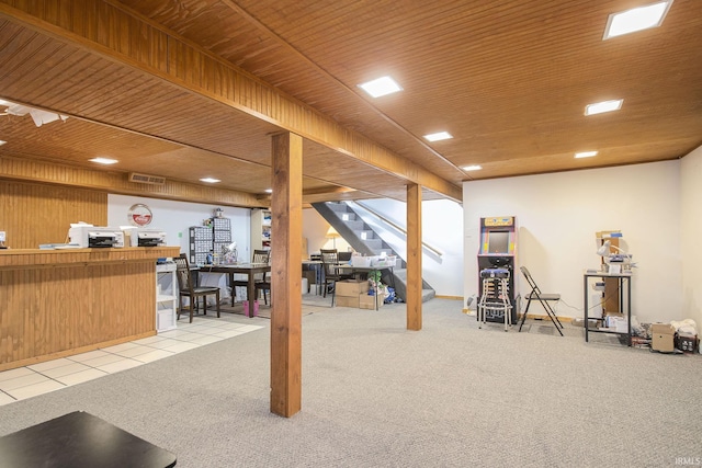1612 W Grant St, Bremen, IN 46506 - finished basement with stairs, carpet, and wood ceiling