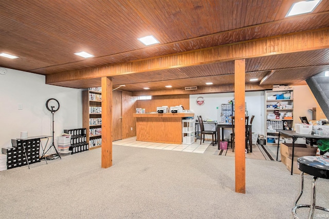 1612 W Grant St, Bremen, IN 46506 - finished below grade area with light carpet, wooden ceiling, and a desk