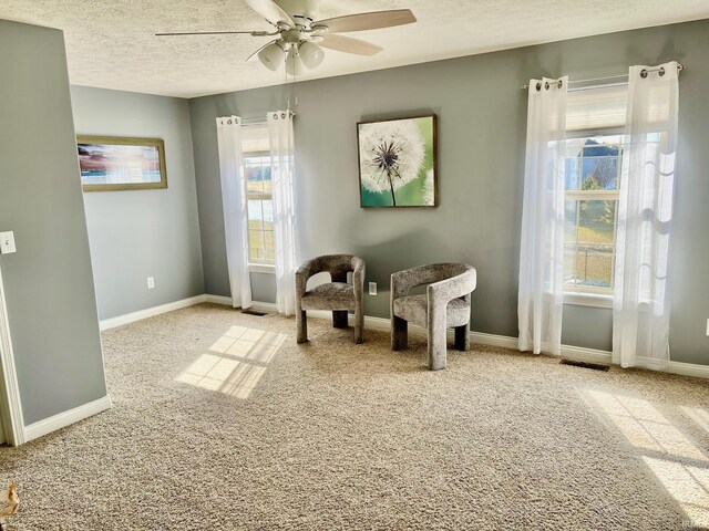 living area with a ceiling fan, carpet flooring, a textured ceiling, and baseboards