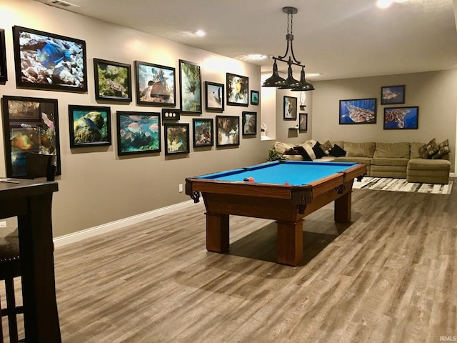 game room featuring billiards, wood finished floors, baseboards, and recessed lighting