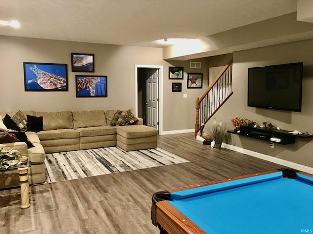 recreation room featuring wood finished floors, baseboards, and pool table