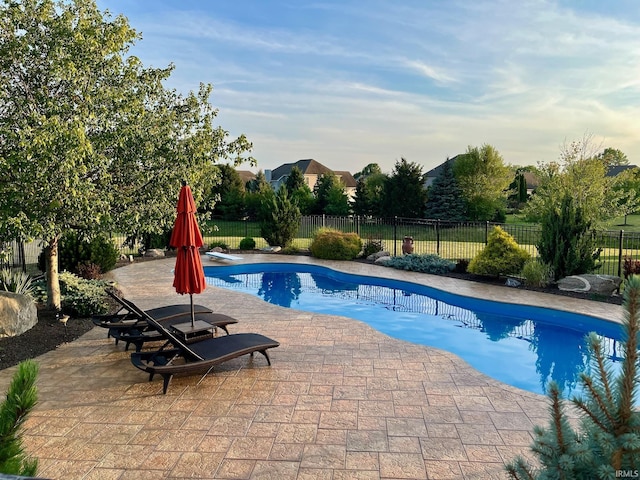 view of swimming pool featuring a patio and a fenced backyard