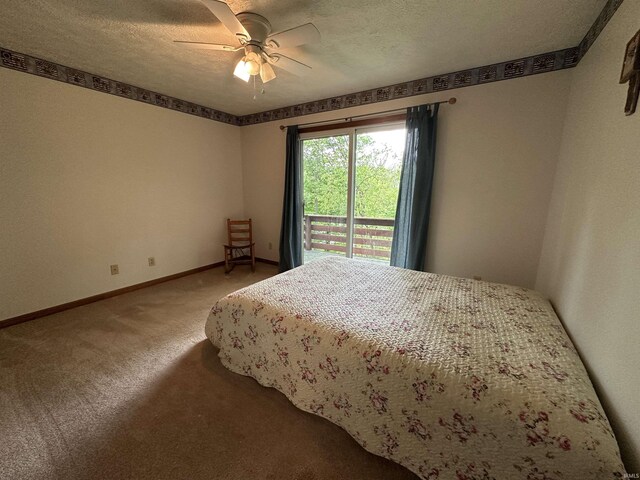 bedroom featuring light carpet, access to exterior, baseboards, ceiling fan, and a textured ceiling