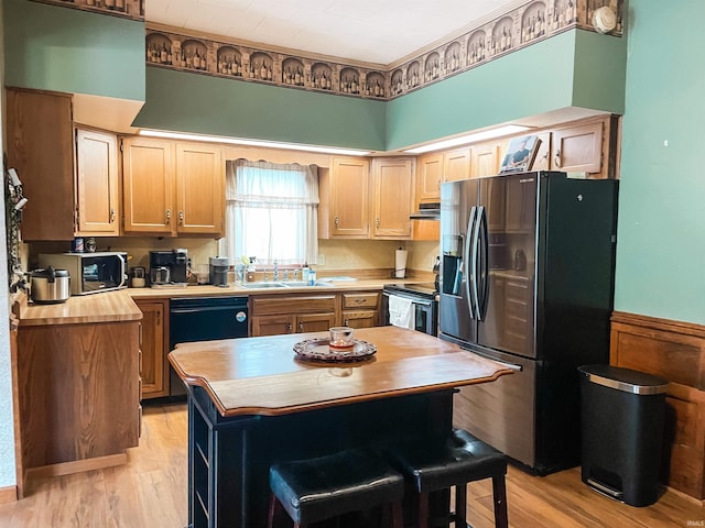 2363 W Second Sts, Mexico, IN 46958 - kitchen featuring appliances with stainless steel finishes, a sink, light wood-type flooring, ventilation hood, and butcher block countertops