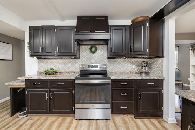 116 El Dorado Trl W, Fort Wayne, IN 46825 - kitchen featuring stainless steel electric stove, light wood finished floors, backsplash, and baseboards