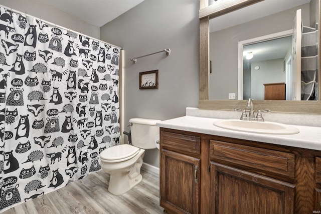 116 El Dorado Trl W, Fort Wayne, IN 46825 - bathroom featuring toilet, vanity, wood finished floors, a shower with shower curtain, and baseboards