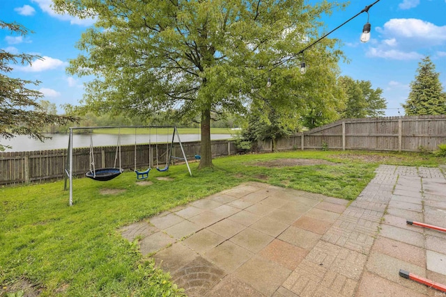 116 El Dorado Trl W, Fort Wayne, IN 46825 - view of yard with a playground, a patio, and a water view