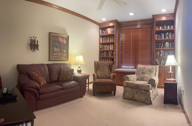 12116 Autumn Breeze Dr, Fort Wayne, IN 46845 - living area featuring carpet flooring, crown molding, a ceiling fan, baseboards, and recessed lighting