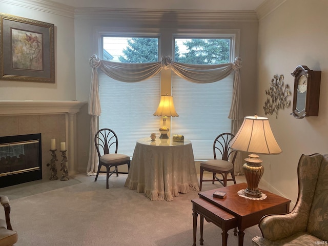 12116 Autumn Breeze Dr, Fort Wayne, IN 46845 - sitting room with carpet floors, ornamental molding, and a tiled fireplace
